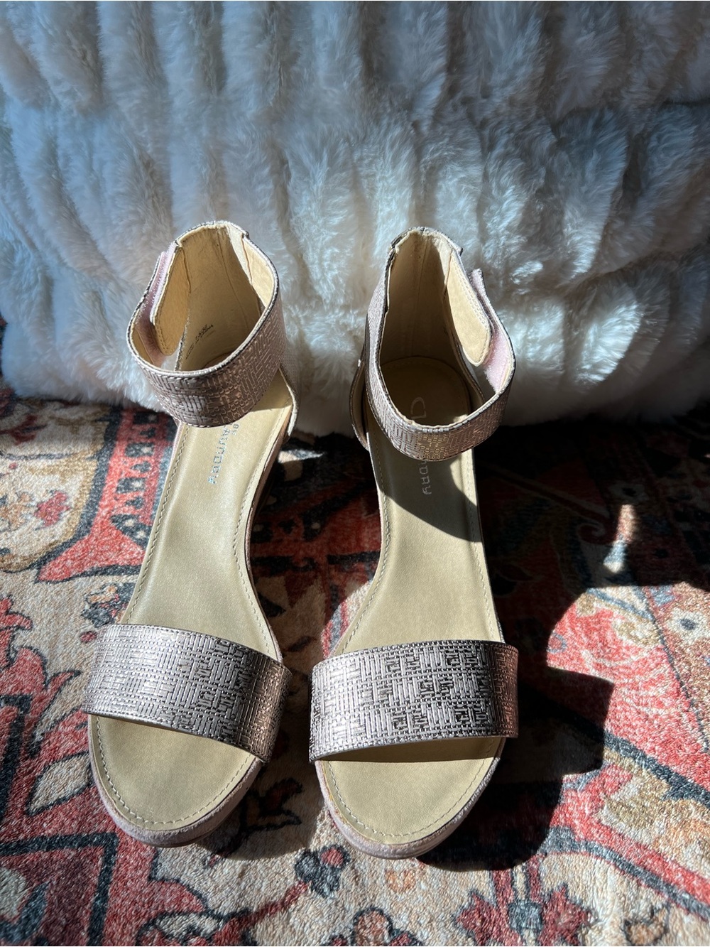 CL by Laundry Metallic Rose Ankle Strap Sandals
